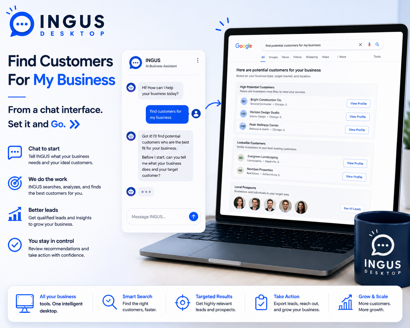 INGUS Desktop chat interface told to find customers for a business, which searches and returns potential customer leads