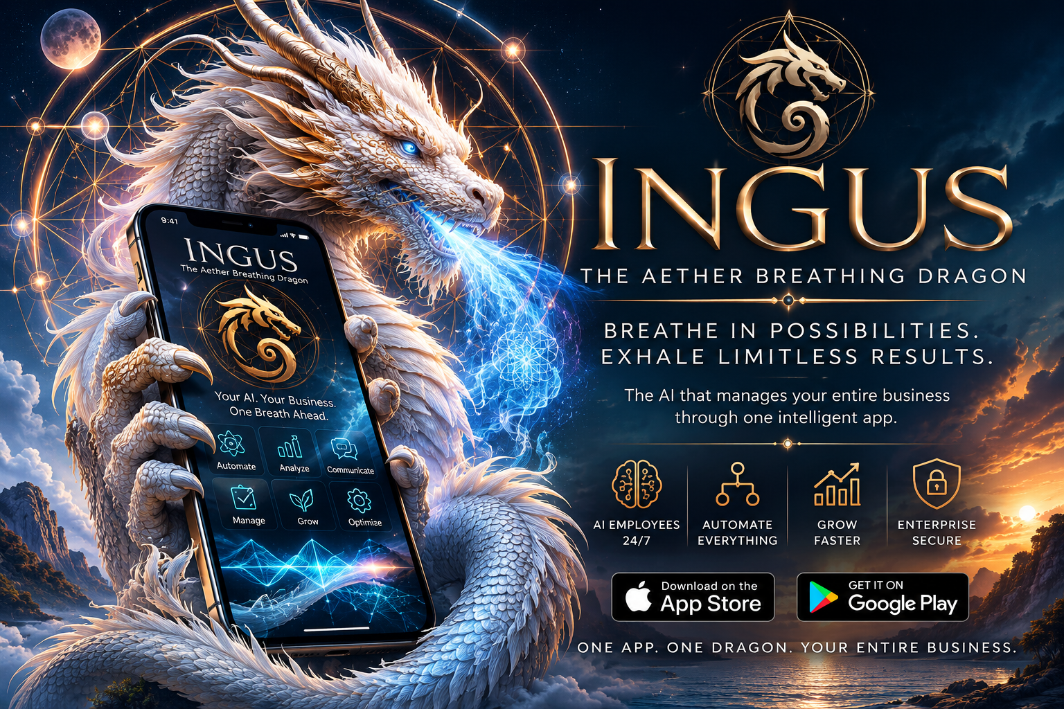 INGUS, the Aether Breathing Dragon, holding a phone showing the INGUS app — automate, analyze, communicate, manage, grow, optimize